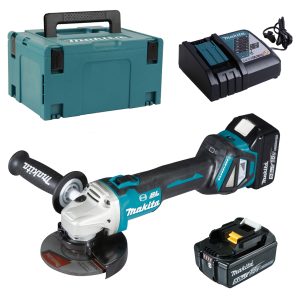 Makita akumulatorski kotni brusilnik 18V DGA513RTJ z 2x baterijama 5,0 Ah + polnilec MAKPAC kovček.